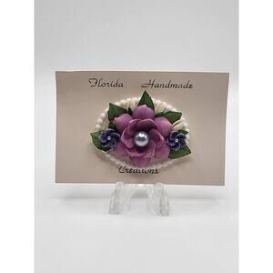 Vintage Handmade Floral Brooch Pearl Center Flower Pin On Original Card